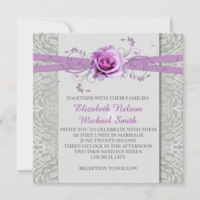 Lavender Rose Grey Silver Damask Wedding Invite (Front)