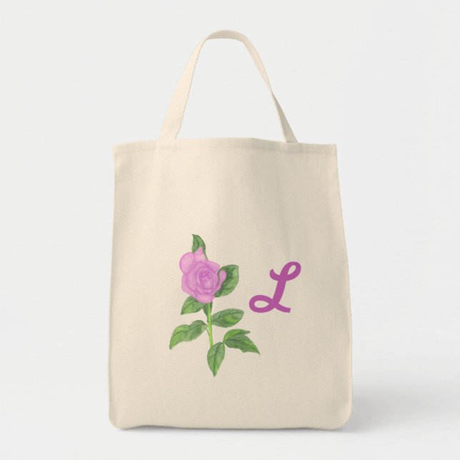 Lavender Rose Painting, Monogram Tote Bags (Front)