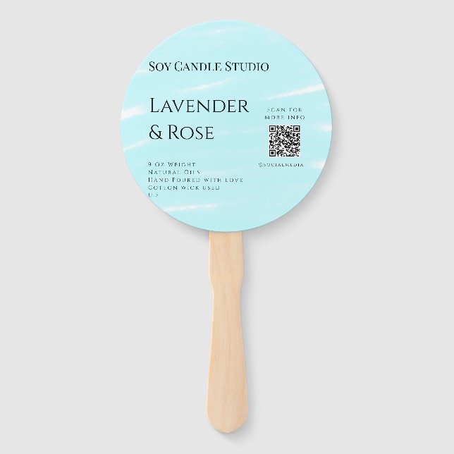 Lavender rose soy candle business add q r code tex hand fan (Front)
