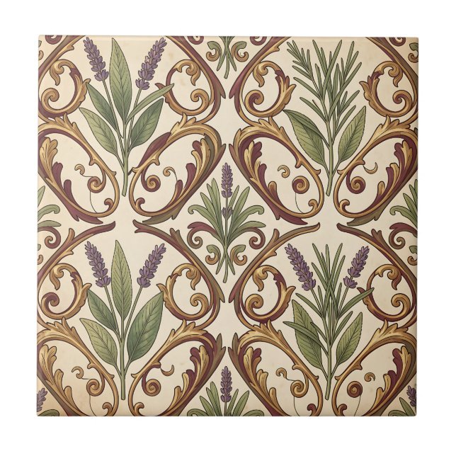 Lavender Rosemary Gold Scroll Pattern  Ceramic Tile (Front)