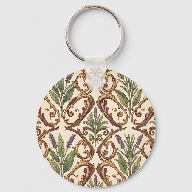 Lavender Rosemary Gold Scroll Pattern  Keychain (Front)
