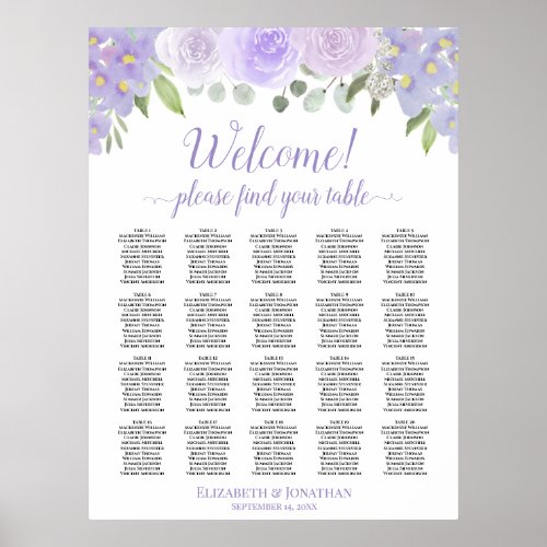 Lavender Roses 20 Table Boho Wedding Seating Chart