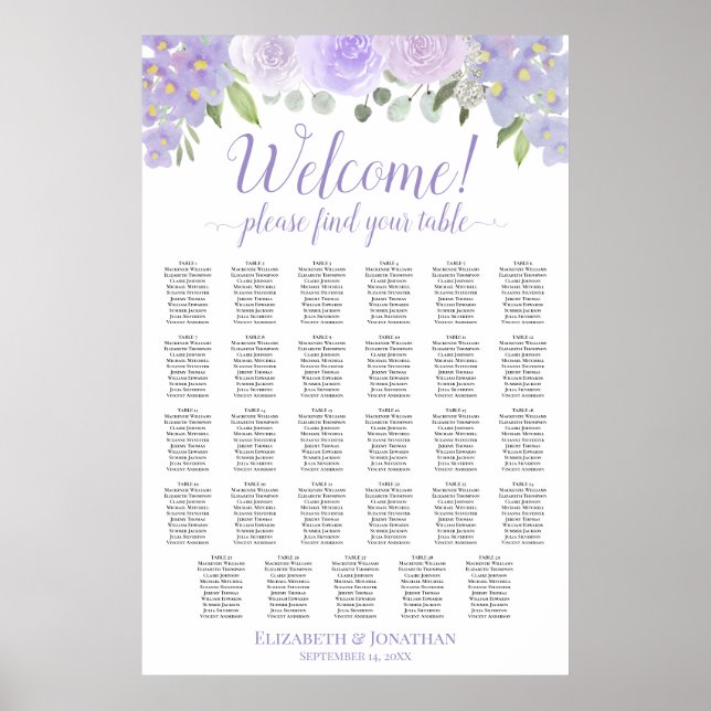 Lavender Roses 29 Table Boho Wedding Seating Chart (Front)