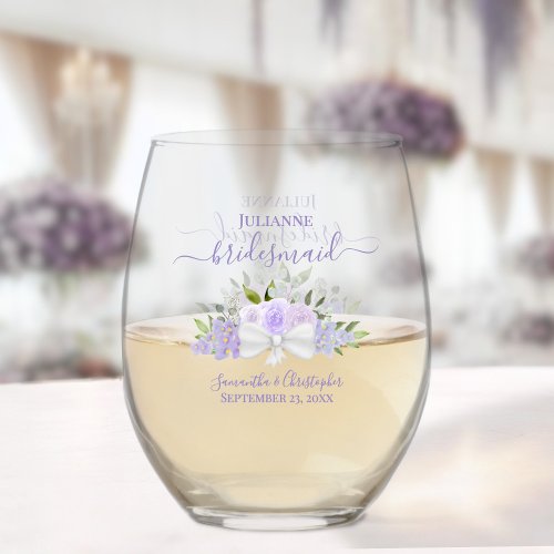 Lavender Roses Bridesmaid Maid of Honor Gift Stemless Wine Glass