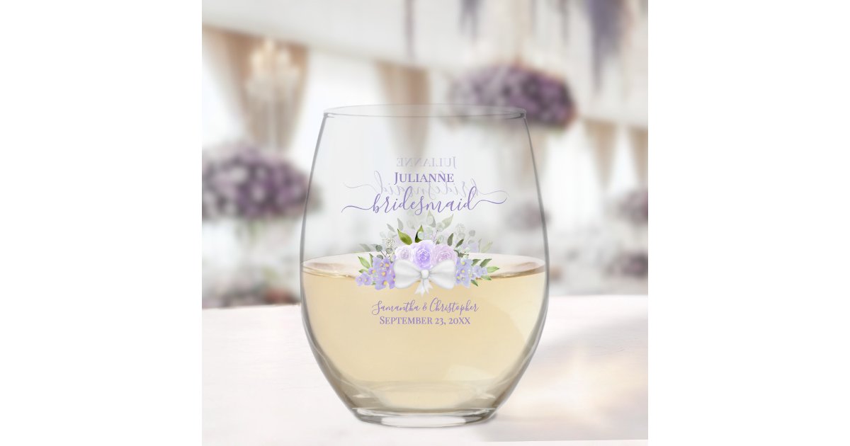 Lavender Roses Bridesmaid Maid of Honor Gift Stemless Wine Glass | Zazzle