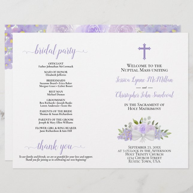 Lavender Roses DIY Fold Catholic Wedding Program (Front/Back)