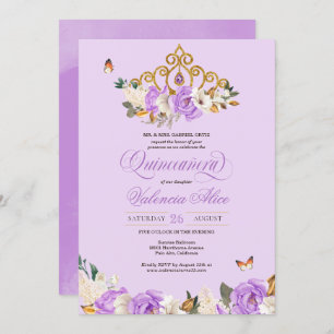Lavender Roses Gold Princess Butterfly Quinceañera Invitation