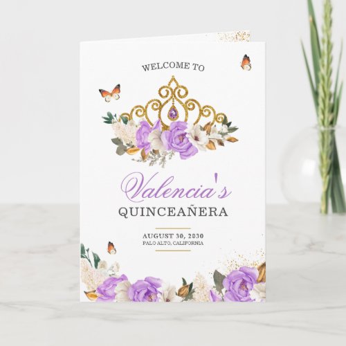 Lavender Roses Gold Tiara Butterfly Quinceanera Program