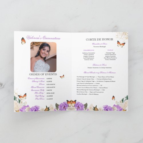Lavender Roses Gold Tiara Butterfly Quinceanera Program