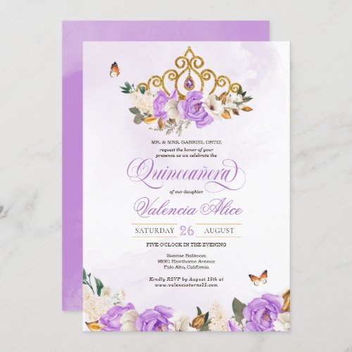 Lavender Roses Gold Tiara Purple Butterfly Quince Invitation