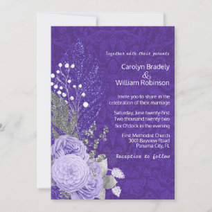 Lavender Roses on Purple Damask Wedding Invitation