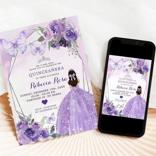 Lavender Roses Princess Quinceaera Butterfly Invitation