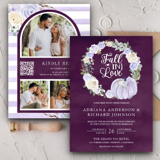 Lavender Roses Pumpkin Photo QR Code Plum Wedding Invitation (Creator Uploaded)