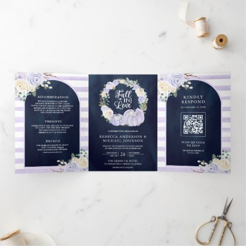 Lavender Roses Pumpkin QR Code Navy Blue Wedding Tri_Fold Invitation