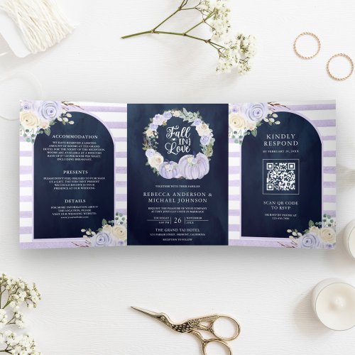 Lavender Roses Pumpkin QR Code Navy Blue Wedding Tri_Fold Invitation