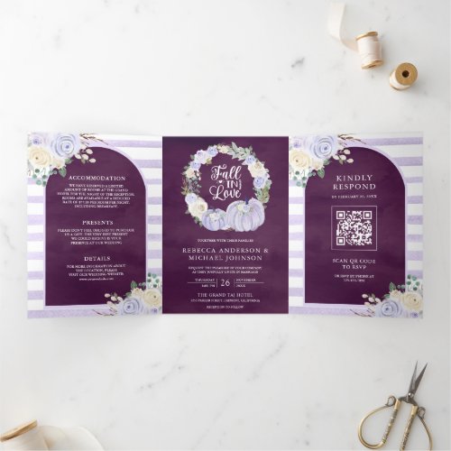 Lavender Roses Pumpkin QR Code Plum Wedding Tri_Fold Invitation