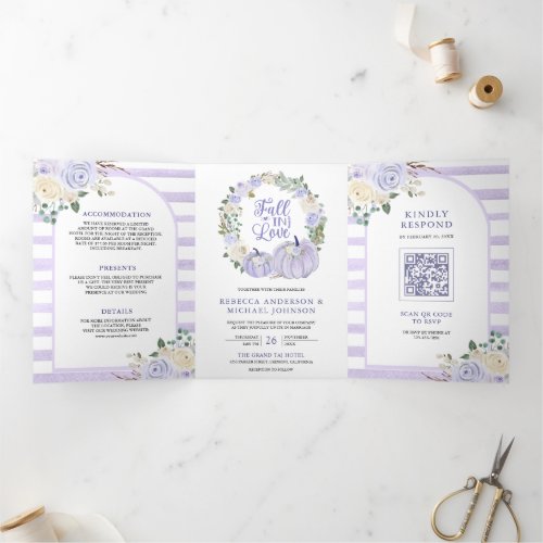 Lavender Roses Pumpkin QR Code Wedding Tri_Fold Invitation