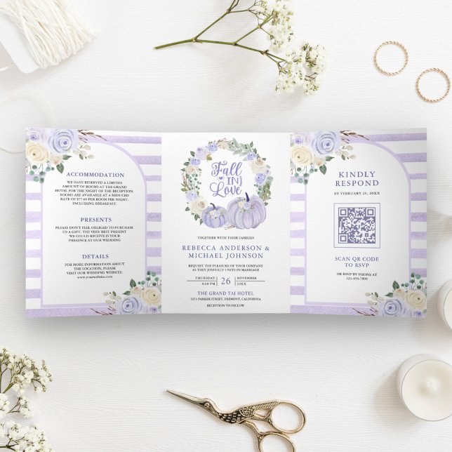 Lavender Roses Pumpkin QR Code Wedding Tri-Fold Invitation (Creator Uploaded)