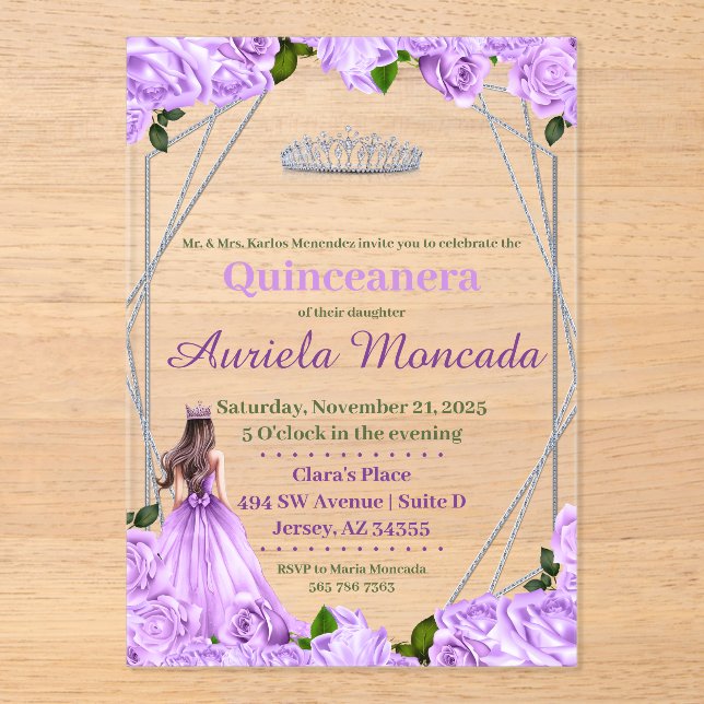 Lavender Roses Quinceanera Acrylic Invitations (Front)
