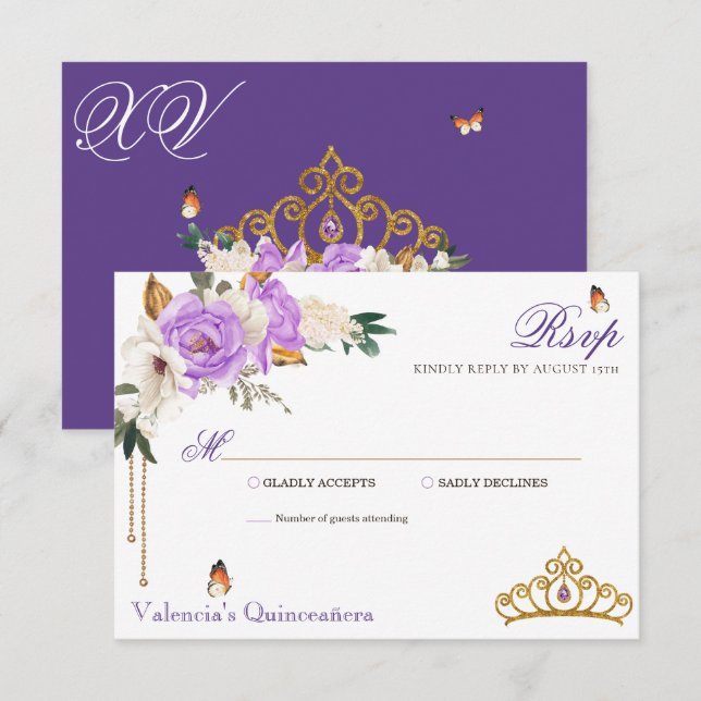 Lavender Roses Royal Purple Gold Tiara Quinceanera RSVP Card (Front/Back)