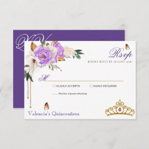 Lavender Roses Royal Purple Gold Tiara Quinceanera RSVP Card