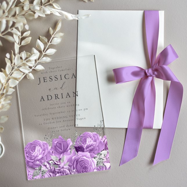 Lavender Roses & Silver Elegant Wedding Acrylic Invitations (Creator Uploaded)