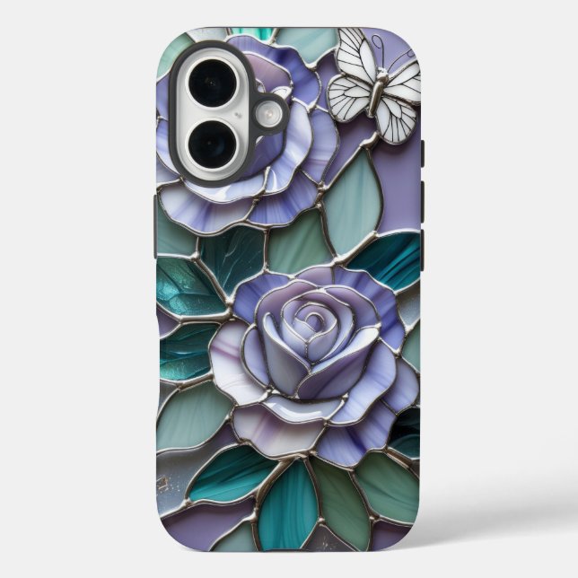 Lavender Roses with Butterflies in Stained Glass Case-Mate iPhone Case (Back)