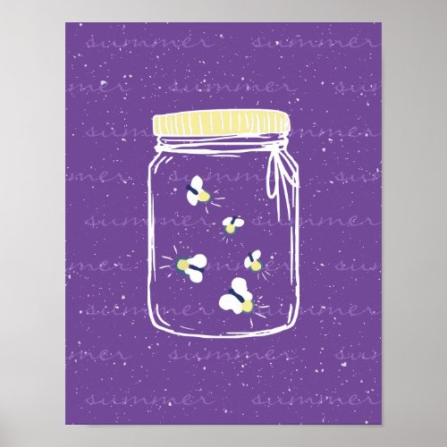 Lavender Rough Sketch Fireflies in Mason Jar Poster
