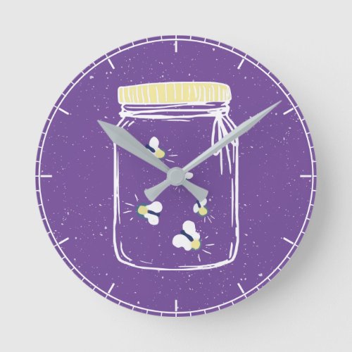 Lavender Rough Sketch Fireflies in Mason Jar Round Clock