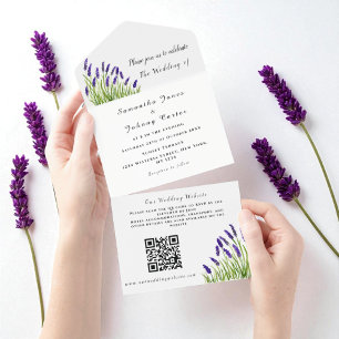 Lavender Rustic Floral Watercolor QR Code Wedding All In One Invitation