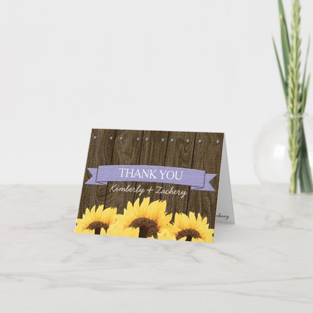 LAVENDER RUSTIC SUNFLOWER WEDDING THANK YOU CARD (Front)