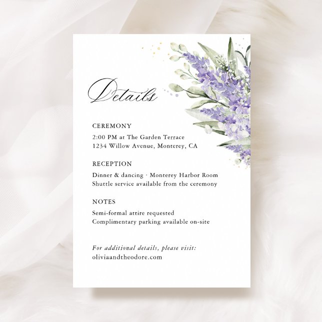 Lavender Sage Green Floral Wedding Details Enclosure Card (Lavender & sage green floral wedding details card with watercolor flower, elegant wedding stationery)