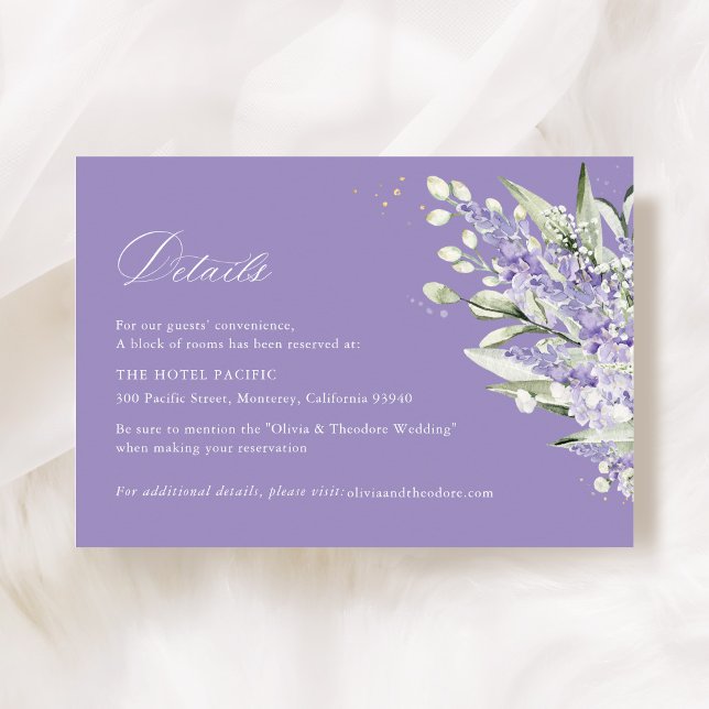 Lavender & Sage Green Floral Wedding Hotel Details Enclosure Card (Lavender & sage green floral wedding hotel details card, watercolor elegant accommodation card)