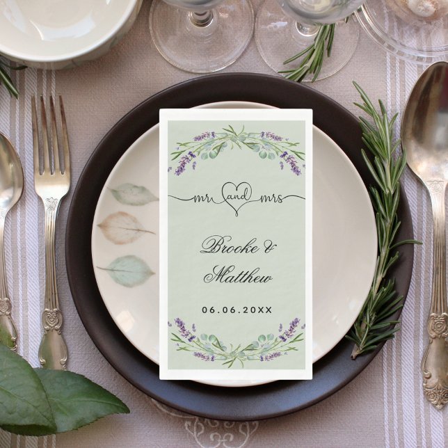 Lavender sage green florals mr mrs heart wedding paper guest towels (Creator Uploaded)