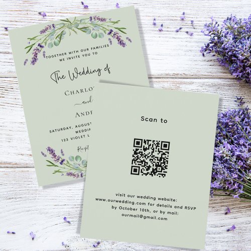 Lavender sage green QR budget wedding invitation