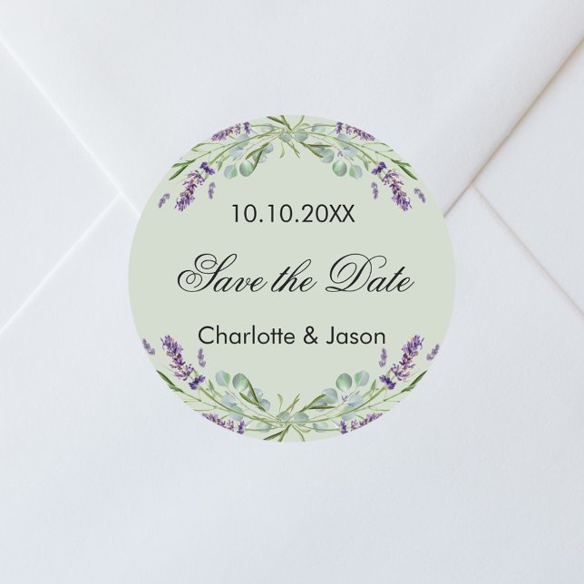 Lavender sage green wedding Save the Date Classic Round Sticker (Creator Uploaded)