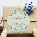 Lavender sage green wedding thank you classic round sticker<br><div class="desc">A sage green background decorated with lavender flowers and eucalyptus greenery.  Personalize and add your names and wedding date. With the text: Thank you for sharing our special day.</div>