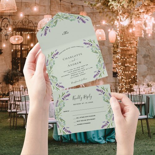 Lavender sage violet floral eucalyptus wedding all in one invitation