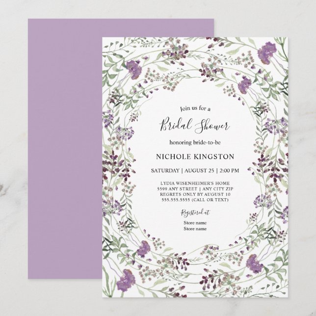 Lavender Sage Wildflower Frame Bridal Shower Invitation (Front/Back)