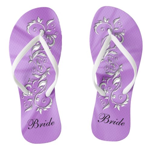 Lavender Satin  Silver Ornate Design  Bride Flip Flops