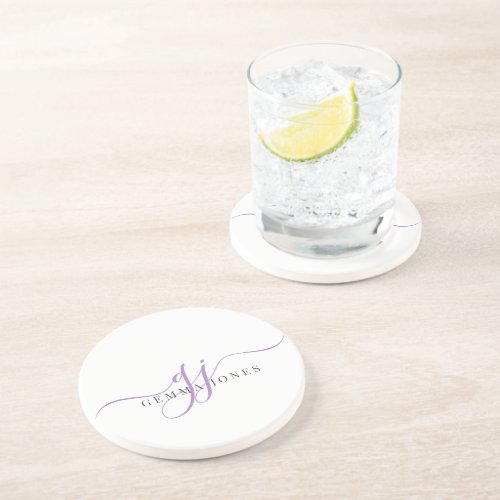 Lavender Script Initials Monogram Minimalist  Coaster