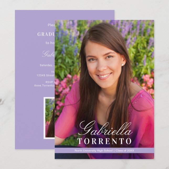 Lavender Script Name Photo Graduation Party Invitation (Front/Back)