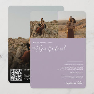 Lavender script names 3 photos  qr code wedding invitation