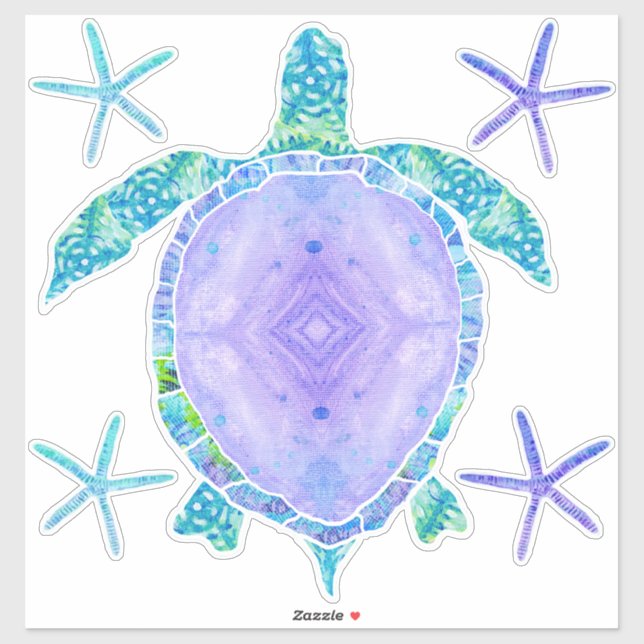 Lavender Sea Turtle n Starfish Beach Ocean Decor Sticker (Sheet)
