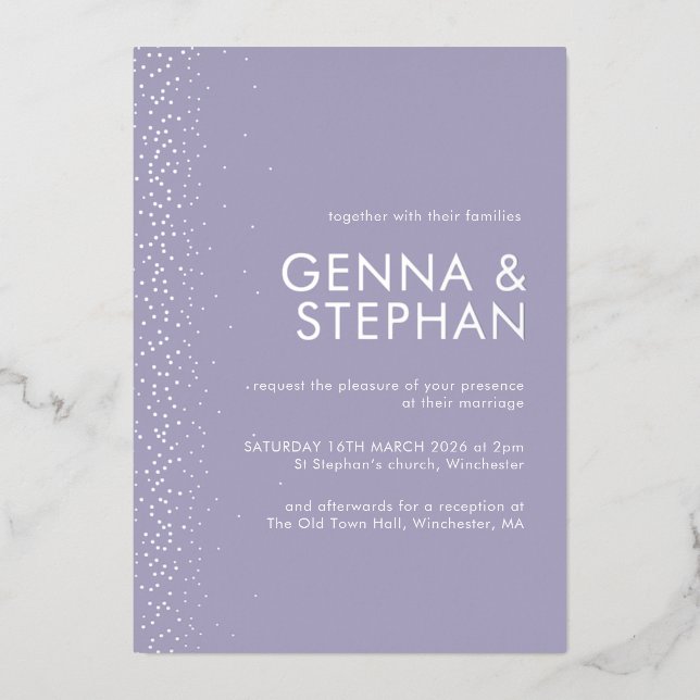 Lavender Shimmer foil wedding invitation card (Front)