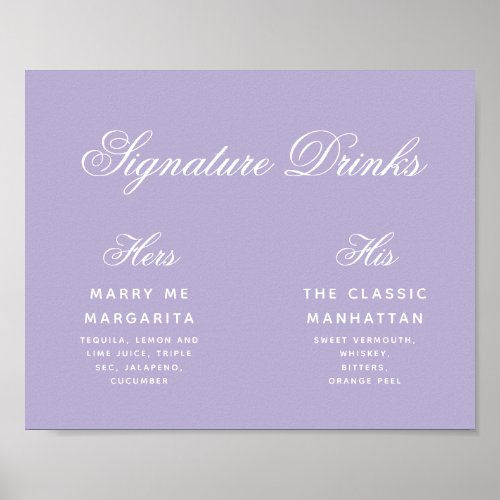Lavender Signature Drinks Calligraphy Wedding Sign