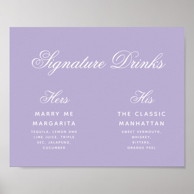 Lavender Signature Drinks Calligraphy Wedding Sign (Front)