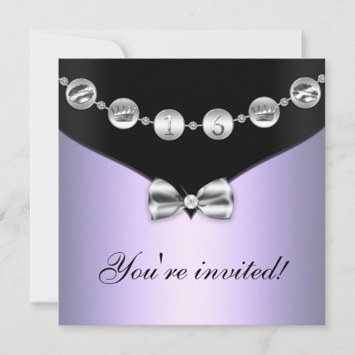 Lavender &amp; Silver Bowed Charm Sweet Sixteen Invite