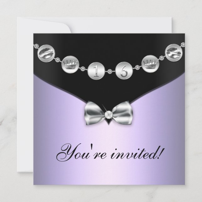 Lavender & Silver Bowed Charm Sweet Sixteen Invite (Front)