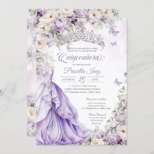 Lavender Silver Butterfly Princess Quinceaera Invitation